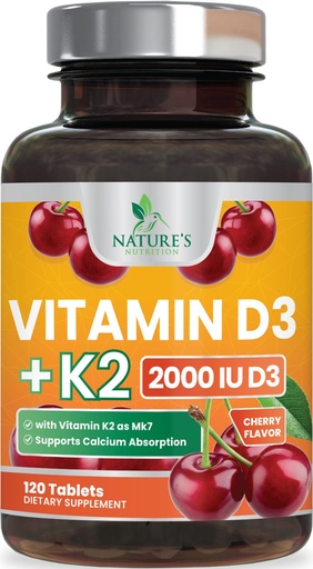 [BRSWGGAHOQPBOC3G] Vitamin D 2000 IU 50mcg Per Tablet - Vitamins D3 & K2 (MK7) Complex Supplement for Bone, Teeth, Muscle, Calcium Absorption, Supports Immune & Heart Health, Chewable Formula USA Bottled - 120 Tablets