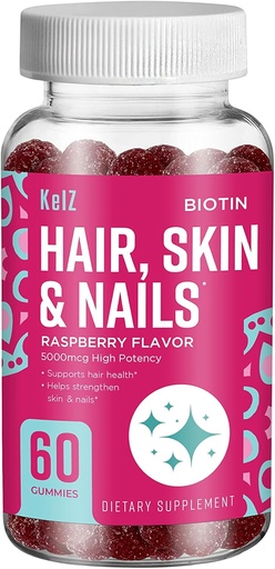 [BRSRMBAOCAHB4EQ7] KelZ Biotin Hair, Skin & Nails Supplement Gummies, Raspberry Flavor, 60 Count (Pack of 1)