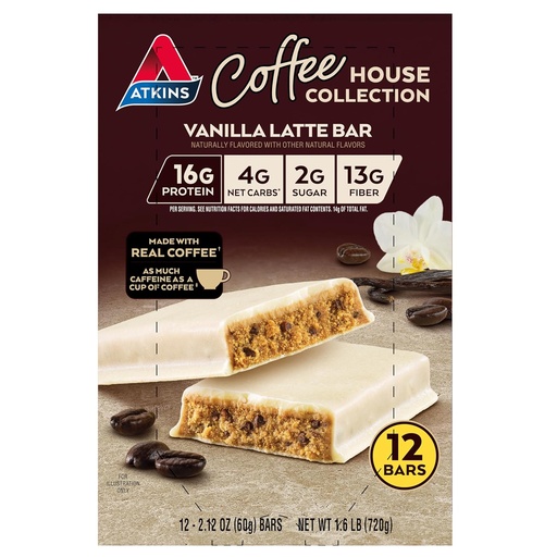 [BRSRA2T3PMPAICD2] Atkins Coffee House Collection Vanilla Latte Bar, 16g Protein, 2g Sugar, 4g Net Carbs, 13g Fiber, 12 Count