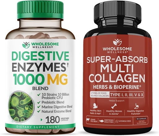 [BRSRAY3YAB4GOHT4] Wholesome Wellness Digestive Enzymes 1000MG Plus Prebiotics & Probiotics Supplement + Super-Absorb Multi Collagen Pills (Type I II III V X) Organic Herbs and Bioperine Bundle