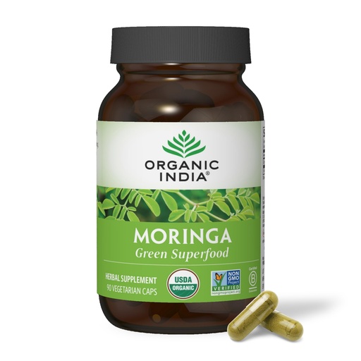 [BRSWIEAOCUCRG3YZ] ORGANIC INDIA Moringa Herbal Supplement - Green Superfood, Nutrient Dense, Pure Plant Protein, Vitamin A, E, K, Iron, Calcium, Fiber, Vegan, Gluten-Free, USDA Certified Organic - 90 Capsules