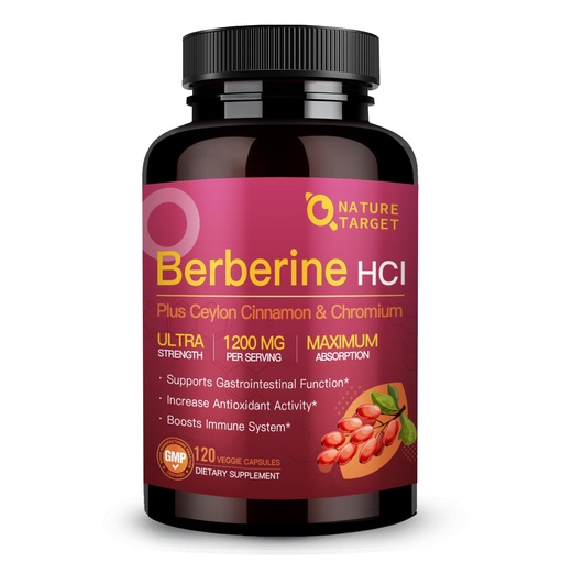 [BRSRAFT7AFYWCF3B] NATURE TARGET Berberine HCL 1200mg, Berberine Supplement with Ceylon Cinnamon, Chromium - Supports Immune, Gastrointestinal & Digestive Health, Non-GMO, 120 Capsules