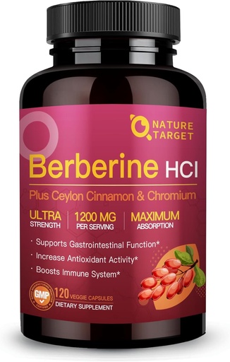 [BRSRAFT7AFYWCF3B] NATURE TARGET Berberine HCl 1200mg, Berberine Supplement with Ceylon Cinnamon, Chromium - Supports Immune, Gastrointestinal & Heart Health, Non-GMO, 120 Capsules