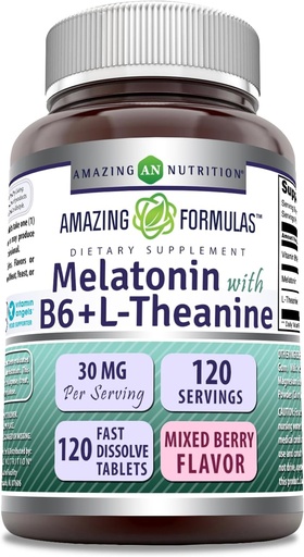 [BRSROAQEAEHBQ2AY] Amazing Formulas Melatonin with Vitamin B6 + L-Theanine Supplement | 30 Mg Per Serving | Mixed Berry Flavor | 120 Tablets | Non-GMO | Gluten Free | Made in USA