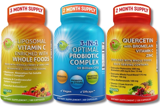 [BRSRAYLYBYMQ4D3U] Immune & Gut Health Bundle – 3-in-1 Probiotic with Enzymes & Prebiotic + Quercetin with Bromelain, Zinc, Vitamin C & Organic Whole Foods + Liposomal Vitamin C 1500mg with Organic Acerola & Camu Camu