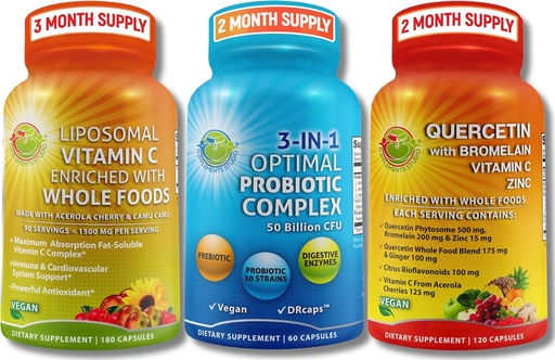 [BRSRAYLYBYMQ4D3U] Immune & Gut Health Bundle – 3-in-1 Probiotic with Enzymes & Prebiotic + Quercetin with Bromelain, Zinc, Vitamin C & Organic Whole Foods + Liposomal Vitamin C 1500mg with Organic Acerola & Camu Camu
