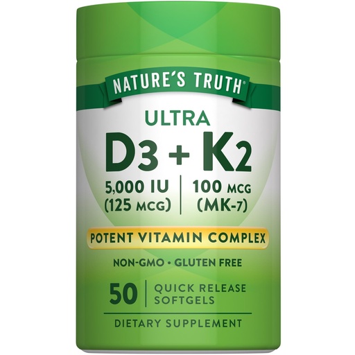 [BRSWGZL2AR5AIAIY] Nature's Truth Vitamin K2 MK7 Complex | 100 mcg | 50 Softgels | with D3 | Non-GMO & Gluten Free Supplement