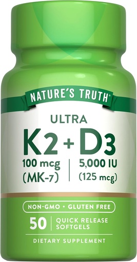 [BRSWGZL2AR5AIAIY] Nature's Truth Vitamin K2 MK7 Complex | 100 mcg | 50 Softgels | with D3 | Non-GMO & Gluten Free Supplement