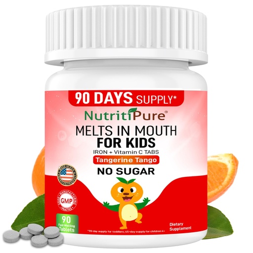 [BRSWGFQFA4MAACTD] Kids Chewable Iron Supplement, Ferronyl® Carbonyl Iron 9 mg, Vitamin C 30 mg, Tangerine Tango Orange Flavor, 90 Count