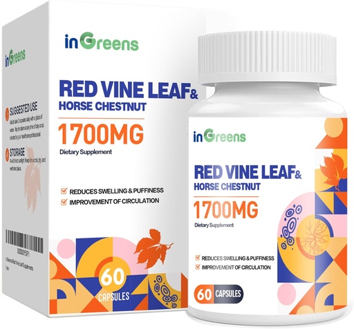 [BRSRO2T4CENRQYL3] Red Vine Leaf Extract 1700mg & Horse Chestnut Extract Supplements, Supports Vein, Skin Health, Circulation for Legs（1Pack）