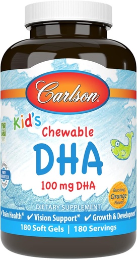 [BRSWGBALOZ5BMEQ7] Carlson - Kid's Chewable DHA, 100 мг DHA, здоровье мозга, функция зрения, рост и развитие, апельсин, 180 жевательных софтелей