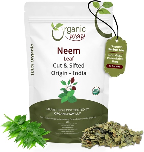[BRSRAED7O57B4YLF] Organic Way Neem Leaf Cut and sifted | Herbal Tea | Premium Neem Leaf | USDA Certified | Non GMO & Gluten Free | Origin - India (16 oz - 1 lbs)