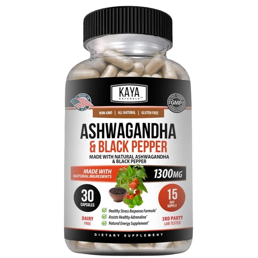 [BRSRMZAOB54G2FIV] Kaya Naturals Ashwagandha Root with Black Pepper | Maximum Strength 1300mg Adaptogen Supplement, Support Adrenal, Glandular Health, Mood Relief, Focus, Energy & Vitality for Men & Women