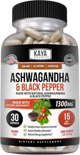 [BRSRMZAOB54G2FIV] Kaya Naturals Ashwagandha Root with Black Pepper Ø Maximum Strength 1300mg Adaptogen Supplement, Support Adrenal, Glandular Health, Mood Relief, Focus, Energy &amp; Vitality for Men &amp; Women