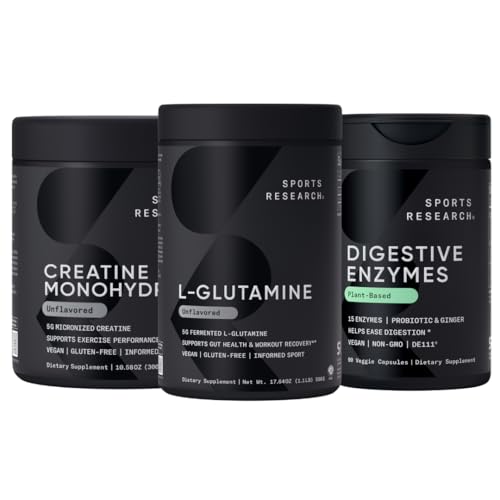 [BRSRAZYZOJ5AOELL] Sports Research® Workout Recovery Pack - L-Glutamine (100 Servings), Creatine Monohydrate (60 Servings) and Digestive Enzymes with Probiotics & Ginger (90 Capsules) - Non-GMO, Vegan & Gluten Free
