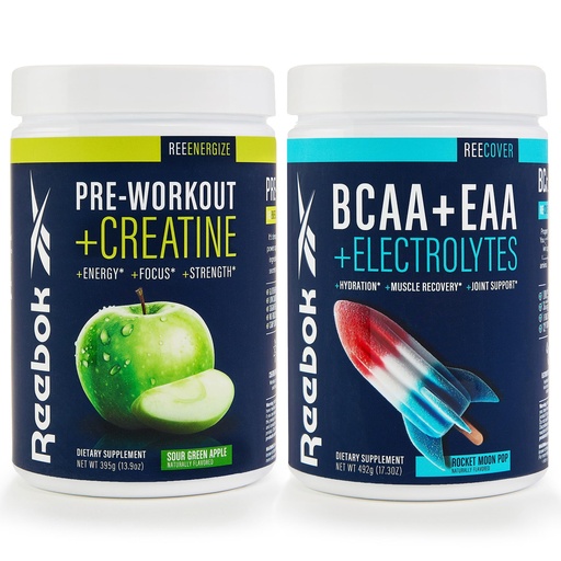 [BRSRAHQLAV4BUH3U] Reebok REEenergize & REEcover Bundle | Pre-Workout + BCAA Performance Pack | Sour Green Apple & Rocket Moon Pop | Complete Training System