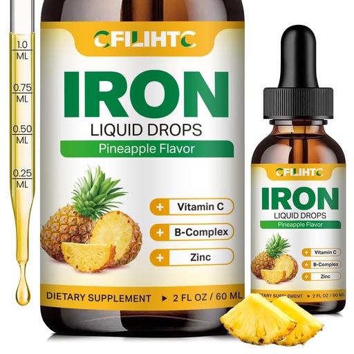 [BRSRAHYHAECAOHT4] Liquid Iron Supplement for Women Men & Kids Multivitamin Iron Drops with Folate, Vitamin C, B6, B12, Zinc for Anemia, Iron Deficiency, Blood Builder, Energy - Natural Pineapple Flavor, Vegan 2 Fl Oz
