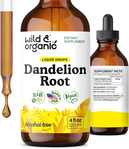 [BRSROY34BUPGAAL7] Wild & Organic Dandelion Root Extract Drops - Liver Cleanse Detox Support - Dandelion Tincture för leverhälsa - Vegan, socker och alkoholfri flytande tillskott - 4 fl oz