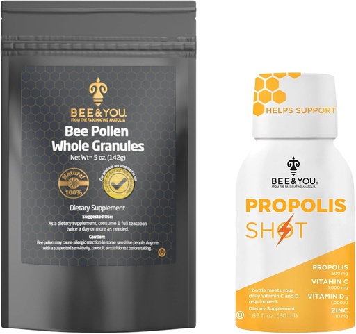 [BRSRAAT2AEGRMYLJ] Bee and You Propolis Shot 12 Bottles and Bee Pollen Bundle, Natural Supplement, Bee Propolis, Antioxidants, Proteins, Vitamins, Amino Acids, for Adults, Women, Me