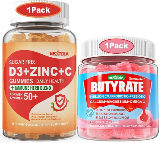 [BRSRAEIPBYFBA3T6] Sugar Free Vitamin C + D3 + Zinc Gummies for Adults 50 + Butyrate Gummies with Probiotic + Prebiotic + Postbiotic