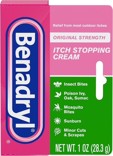 [BRSWIYYMAAMGGYL2] Benadryl Original Strength Itch Stopping Anti-Itch Cream, Diphenhydramine HCl Topical Analgesic & Zinc Acetate Skin Protectant, Relief from Most Outdoor Itches, 1 oz (Pack of 6)