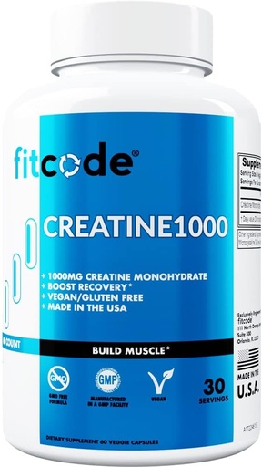 [BRSRMZILCAHGKA37] fitcode Creatine1000, 1 Gram of Pure Creatine Monohydrate in Each Serving, Veggie Capsules (30 Servings)