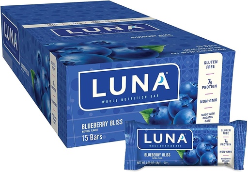 [BRSWIZINOUGQECLM] LUNA BAR - Gluten Free Snack Bars - Blueberry Bliss Flavor - 7g of protein - Non-GMO - Plant-Based Wholesome Snacking - On the Go Snacks (1.69 Ounce Snack Bars, 15 Count)