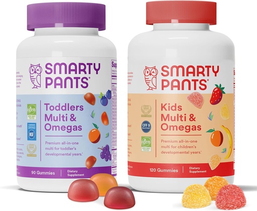 [BRSW2BI3DJYQOE32] SmartyPants Toddler and Kids Multivitamin Gummies Bundle: Omega 3 Fish Oil (EPA/DHA), Vitamin D3, C, Vitamin B12, B6, A, K & Zinc, Biotin, Gluten Free, Three Fruit Flavors (30 Day Supply)
