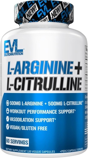 [BRSROFL6AQCQEEYV] Evlution Nutrition L-аргинин + L-цитруллин - Выносливость + Дополнение к производительности тренировки - Комплекс 1000 мг - Вазодилатация + поддержка оксида азота - Веган + капсулы без глютена - 60 сервировок