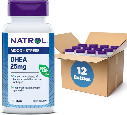 [BRSRMAL6O54BQCLZ] Natrol Mood & Stress DHEA 25mg with Calcium, Dietary Supplement for Balance of Certain Hormone Level and Mood Support, 180 Tablets, 180 Day Supply (Pack of 12)