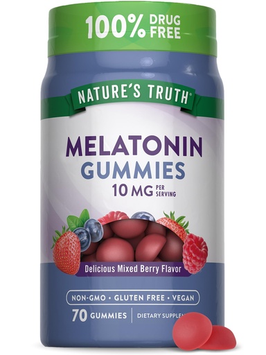 [BRSWGC34B4GW2CD6] Nature's Truth Melatonin 10mg Gummies | 70 Count | Berry Flavor | Vegan, Non-GMO, and Gluten Free Supplement