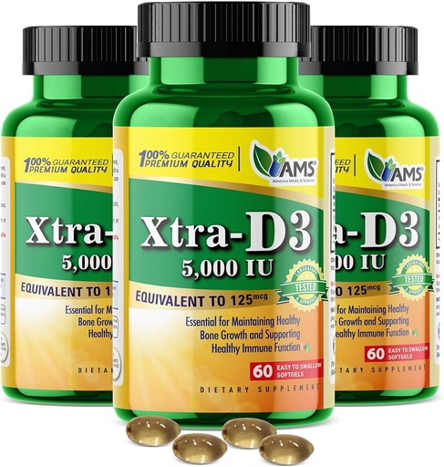 [BRSRMFQ2DIIGCF3J] America Medic & Science Xtra D3 Vitamin D 5,000 IU (125 mcg)Cholecalciferol Supplement for Men & Women(180Easy to Swallow Softgels) 3pack|Best for Bone,Heart Health,Immune System Support,Lung Function