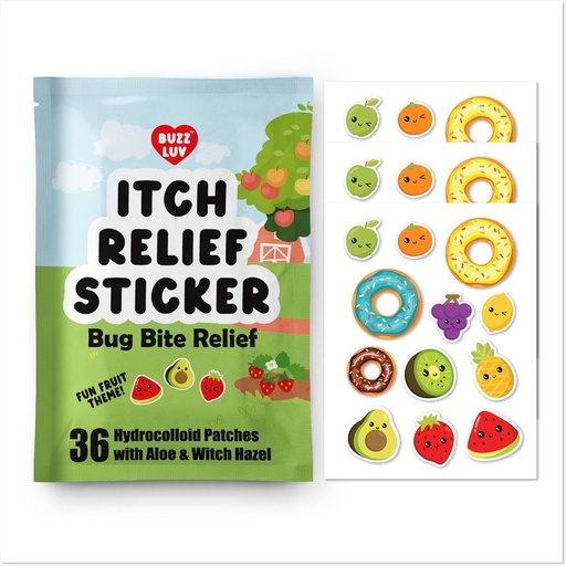 [BRSROCD5BF5RSF37] Hydrocolloid Itch Relief Patch, for Mosquitos, Ticks, Midges, Sandflies Bug bite Relief, Anti-Itch Patch with Aloe and Witch Hazel, Insect bite Relief, Kid-Friendly, Natural Fruit Theme