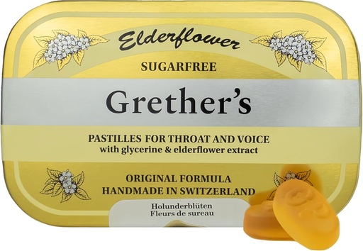 [BRSWGYALPIFGAAY7] GRETHER'S Sugarfree Elderflower Pastilles Remedy for Dry Mouth Relief - Soothing Throat & Healthy Voice - Gift for Singers - 1-Pack - 2.1 oz.