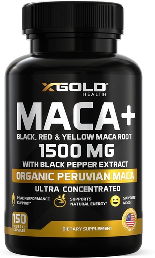 [BRSWGFT6BMDRY3DV] X Gold Health Organic Maca Root Powder Capsules 1500mg with Black | Red & Yellow Peruvian Maca Root Extract Gelatinized, Energy & Mood Supplement for Men & Women + Black Pepper for Best Benefits