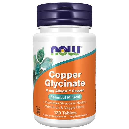 [BRSRMGIODIDROA3L] Now Foods Supplements, Copper Glycinate with 3mg Albion Copper, Promotes Structural Health*, 120 Tablets, Light Gray, Tan