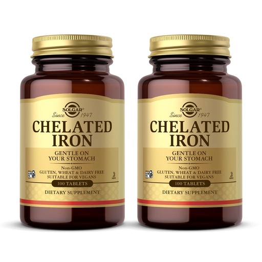 [BRSWIZ33AUCGOF3M] Solgar Chelated Iron - 100 Tablets, Pack of 2 - Gentle on Your Stomach - Non-GMO, Vegan, Gluten Free, Dairy Free, Kosher - 200 Total Servings