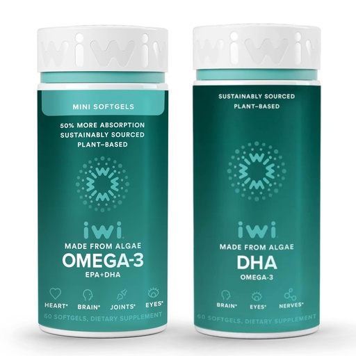 [BRSRAYL7AEFQKHQY] Iwi Omega-3 Minis & DHA Omega-3 Bundle, 30 Servings, Vegan Plant-Based Algae Omega 3, Krill & Fish Oil Alternative, No Fishy Aftertaste