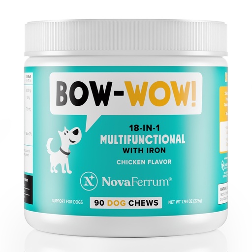 [BRSRMGIYDMIW22DA] NovaFerrum Bow Wow | 18-in-1 Multifunctional with Iron Supplement for Dogs | Blood Support for Anemia | Glucosamine | Probiotics | Antioxidants | Chicken Flavor | 90 Chews