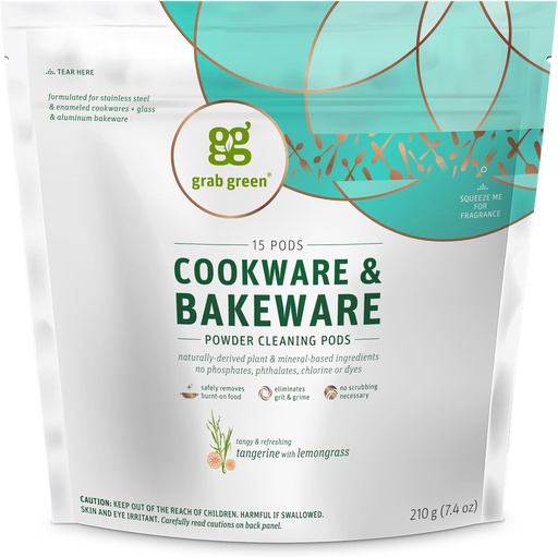 [BRSWKHQQOEDAYA3F] Grab Green Cookware and Bakeware Cleaner Pods,15 Pods, Tangerine Lemongrass Scent, Plant and Mineral Based, Removes Burnt-On Food, Eliminates Stains
