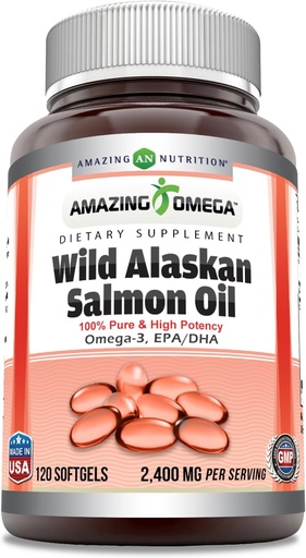 [BRSWGBTQAQBQIF3J] Amazing Omega Wild Alaskan Salmon Oil (Omega-3, EPA/DHA) Supplement | 2400 Mg Per Serving | 120 Softgels | Non-GMO | Gluten-Free | Made in USA