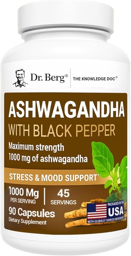 [BRSRMZYPA4IRSYDV] Dr. Berg Ashwagandha Capsules 1000mg - Bioperine-dan Black Pepper ilə Ashwagandha Kök daxildir - Ashwagan Supplementdha