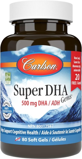 [BRSWIEIYOQABEF3U] Carlson - Super DHA Gems, 500 mg DHA-Ergänzungen, 640 mg Fatty Acids, Wild-Caught Norwegian Arctic Fish Oil Concentrate, Sustainable Sourced Nordic Fish Oil Capsules, 60+20 Softgels