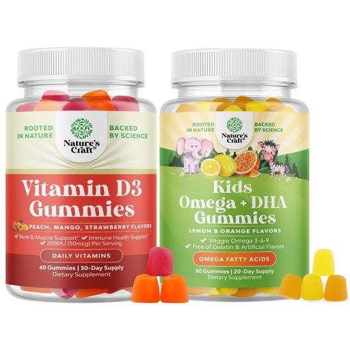 [BRSRMAA2DIHQ4YIZ] Bundle of Vitamin D3 Gummies for Daily Wellness with 2000IU per Serving Bone Muscle & Immune Support and Kids DHA Omega 3 Gummies - Fatty Acids Omega 3 6 9 for Brain, Immune Strength & Vision