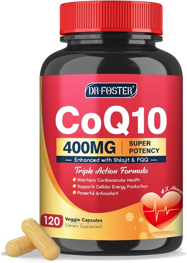 [BRSROAA3CMNBSCQ7] DRFOSTER CoQ10 400mg-High 흡수 Coenzyme Q10는 PQQ, Shilajit & 비타민 E의 심장 & 뇌 건강 및 에너지 생산 120 Veggie 캡슐을 위한 강력한 산화를 억제합니다