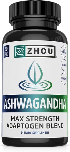 [BRSWGATQOB4AYHI4] Zhou Ashwagandha - Ashwagandha and Rhodiola for Women &amp; Men, Adaptogen Ashwaganda Extract 1200 mg with Black Pepper, Adaptogenic Support Supplement for Calm, Mood, Sleep - 60 Vegan Capsules