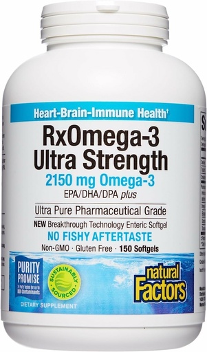 [BRSWIZT5CYHWOEQZ] Factores naturales RxOmega-3 Ultra Strength - Suplemento dietético para la salud cerebral - Suplemento de salud ocular con EPA &amp; DHA - Suplemento con ácidos grasos Omega-3 - 150 Softgels (75 Servimientos)
