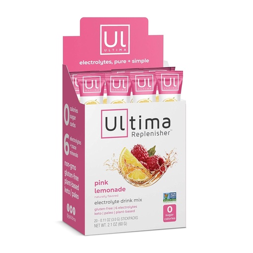 [BRSWYYYPCUNRMEY7] Ultima Replenisher Electrolyte Hydration Drink Mix, Pink Lemonade, 20 Serving Stickpack Box - Sugar Free, 0 Calories, 0 Carbs - Gluten-Free, Keto, Non-GMO, Vegan