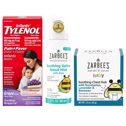 [BRSRAZT3OYDROD3L] Tylenol and Zarbee’s Baby Essentials Bundle for Infants: Infants Acetaminophen Liquid Medicine, Zarbee's Baby Soothing Nasal Spray, and Zarbee's Baby Soothing Eucalyptus & Lavendar Chest Rub