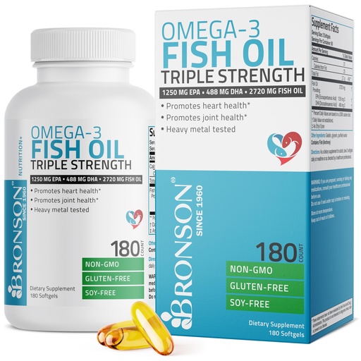 [BRSWKFQKCMAA223Y] Bronson Omega 3 Fish Oil Triple Strength 2720 mg, High EPA 1250 mg DHA 488 mg, Non-GMO Heavy Metal Tested, 180 Softgels